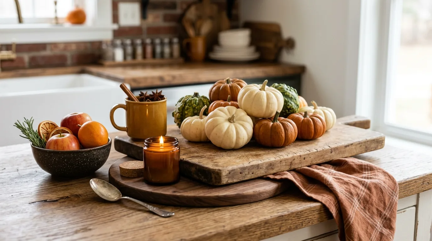 Style shelves and consoles with a lighter autumn hand inspiration for an indoor fall living space.